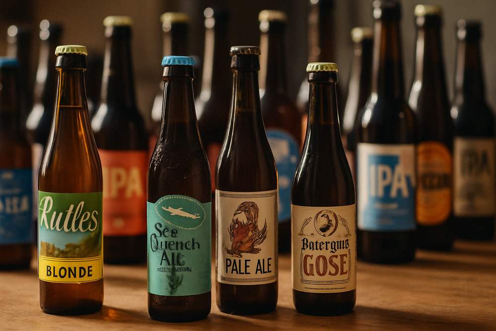 Bicchieri di diverse birre artigianali: Sour, IPA, Stout, Weizen e Belgian Ale a confronto