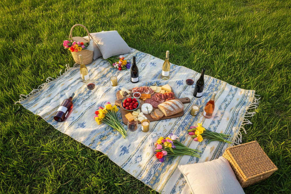 Picnic primaverile all'aperto con vini rossi, bianchi e rosati, tagliere di salumi, formaggi e fragole su prato verde
