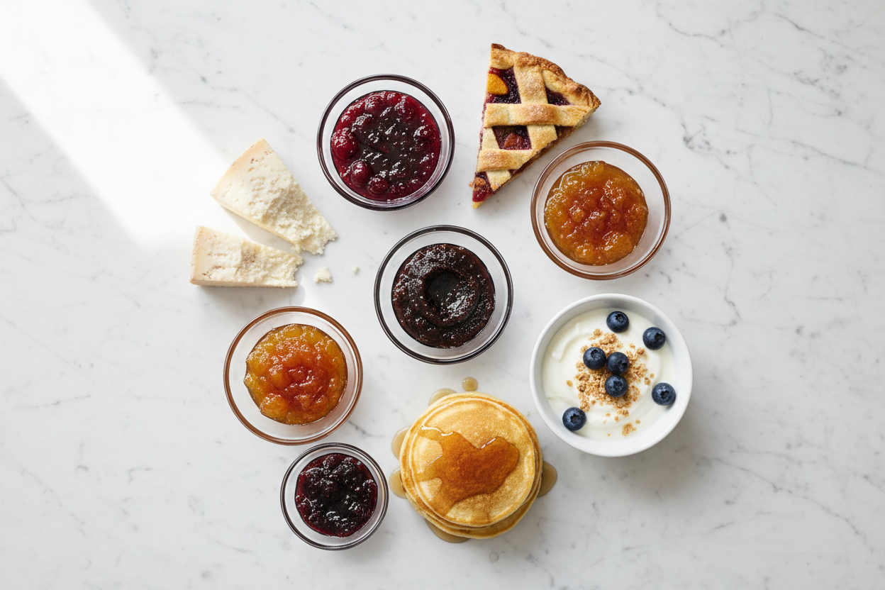 Ciotole con confetture artigianali abbinate a formaggio stagionato, crostata, pancakes e yogurt