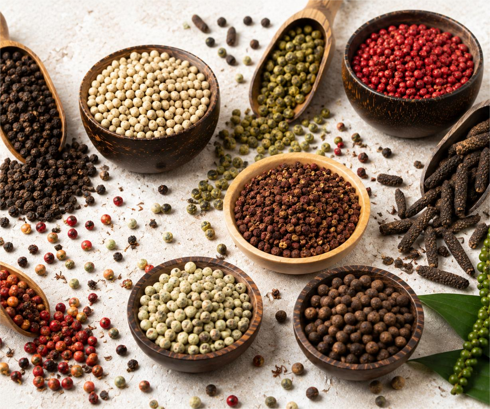 Pepe di diverse varietà: nero, lungo, rosa, verde, bianco, garofanato