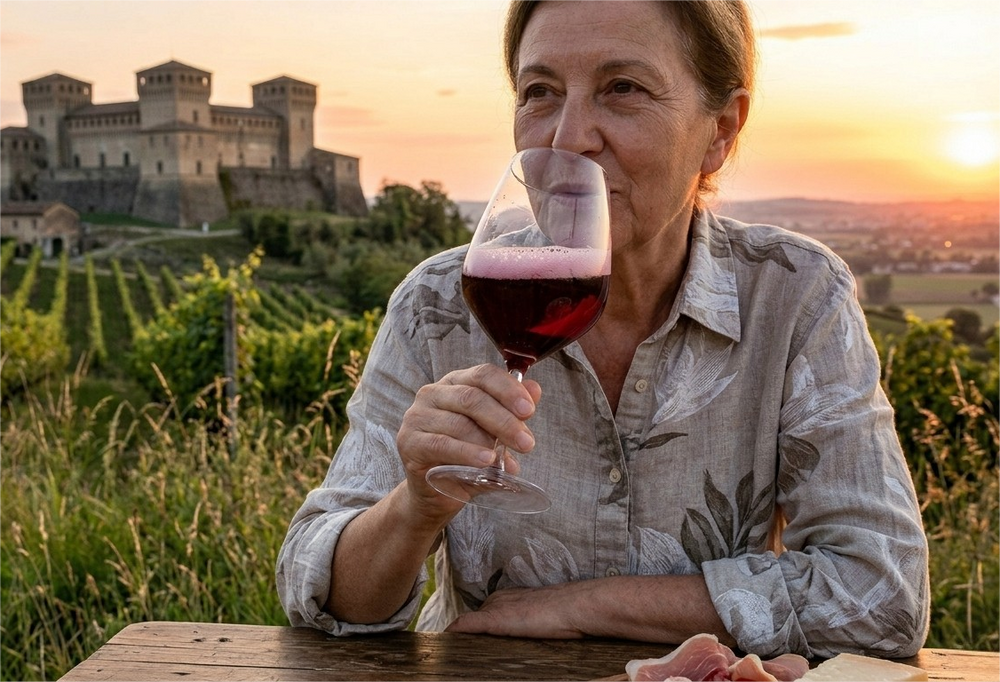 Donna che beve un calice di Lambrusco di Parma