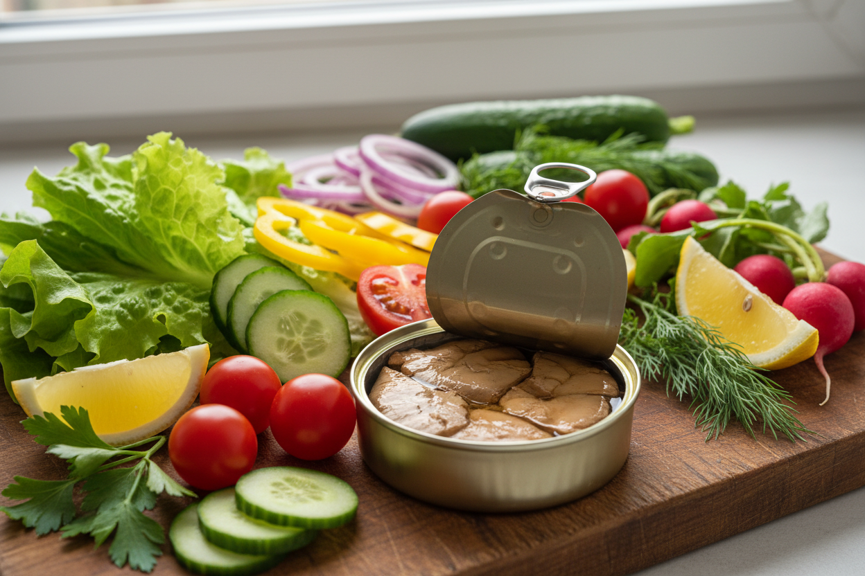 fegato di merluzzo e verdure fresche di stagione