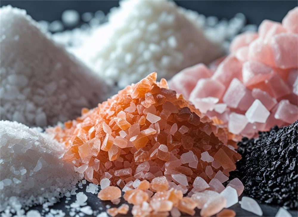 Diversi tipi di sale da cucina: sale fino bianco, sale grosso, sale rosa dell'Himalaya e fiocchi di sale