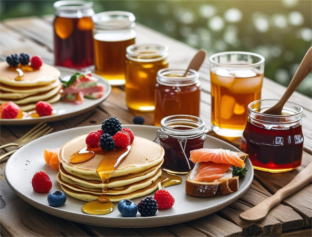 Colazione estiva all'aperto con marmellate artigianali, biscotti e specialità dolci e salate