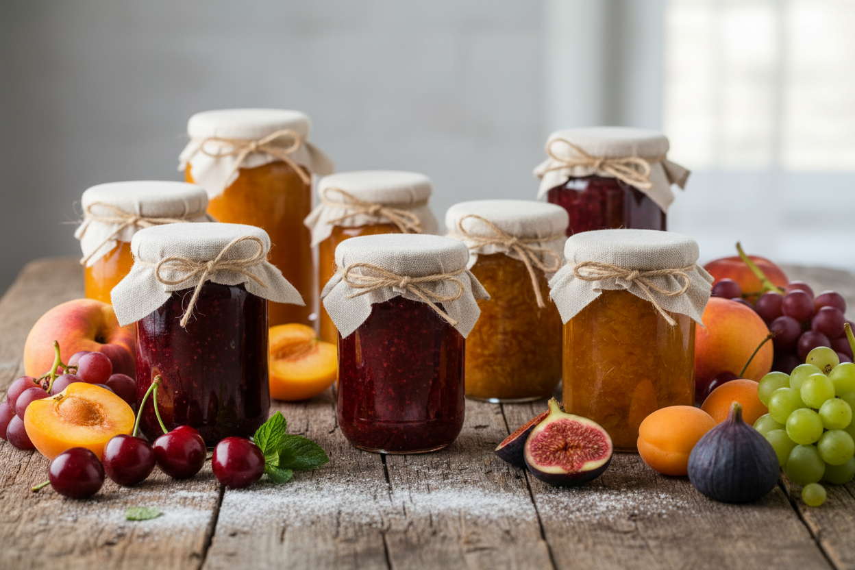 Barattoli di conserve e confetture artigianali italiane su tavolo rustico – guida alle conserve alimentari