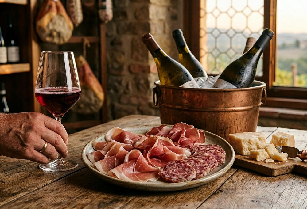 Calice di Lambrusco accanto a un tagliere di salumi emiliani