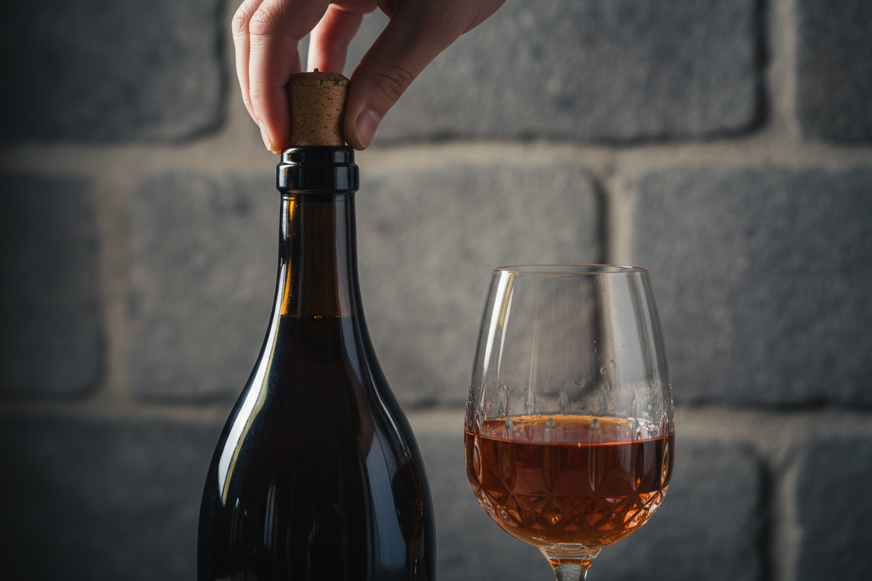 Bottiglia di Porto che viene richiusa con tappo, calice di Tawny accanto