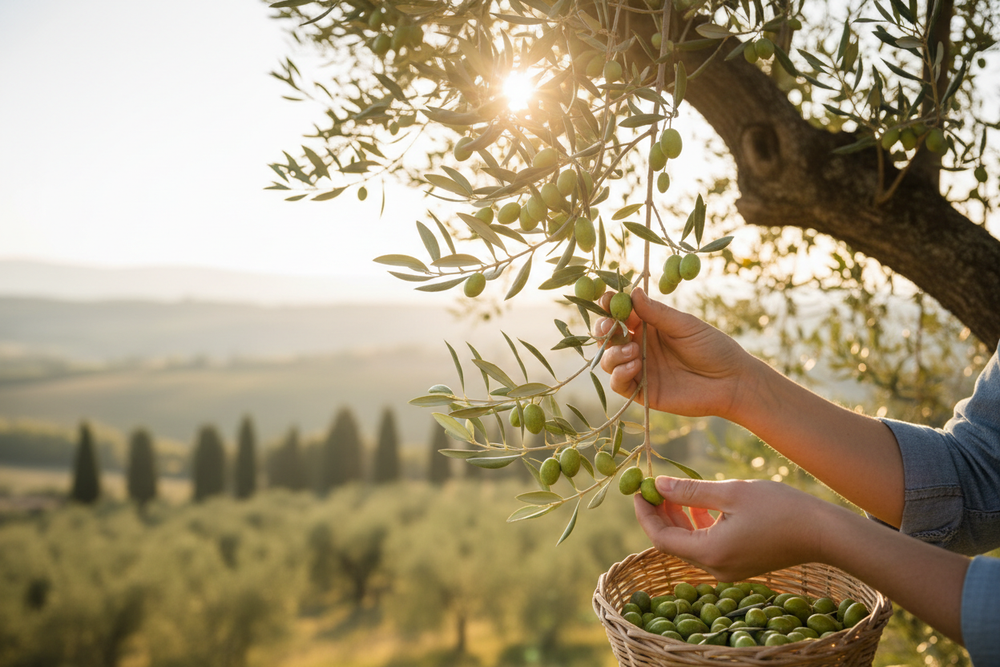 Raccolta tradizionale delle olive a mano per l'olio extravergine
