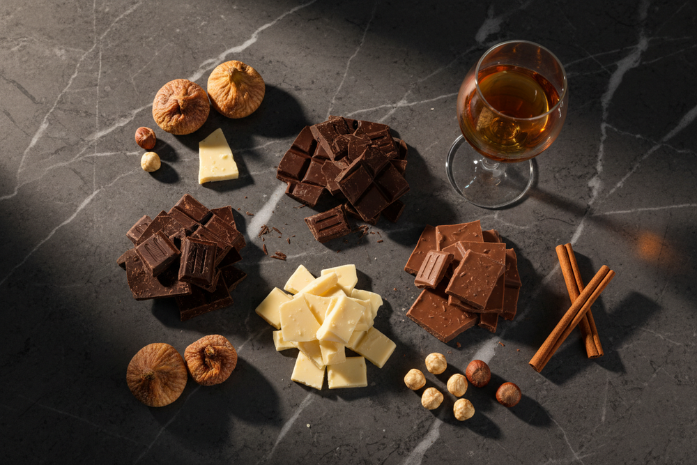 Bicchiere di vino fortificato in abbinamento a cioccolato con spezie e frutta secca