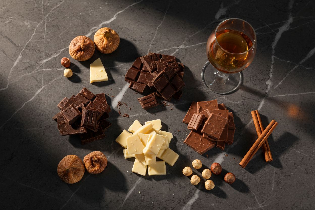 Bicchiere di vino fortificato in abbinamento a cioccolato con spezie e frutta secca