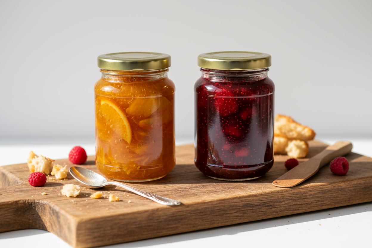 Vasetti di marmellata di agrumi e confettura di frutti di bosco su tagliere