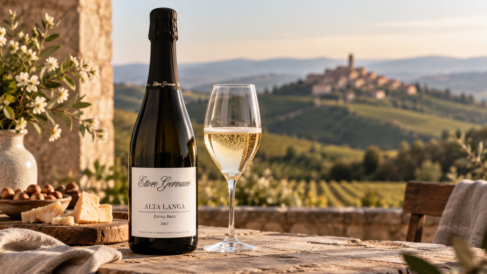 Bottiglia di Alta Langa DOCG con calice di spumante
