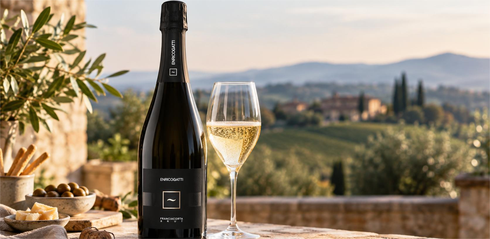 Bottiglia di Franciacorta DOCG con bicchiere di spumante