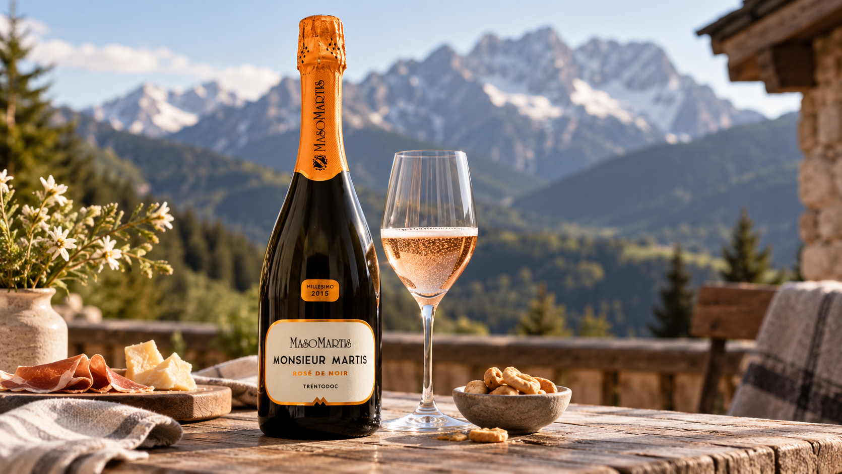 Bottiglia di Trento DOC Rosè con degustazione nel calice