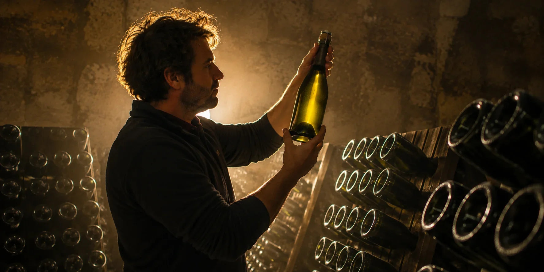 Un vigneron controlla le sue bottiglie di champagne