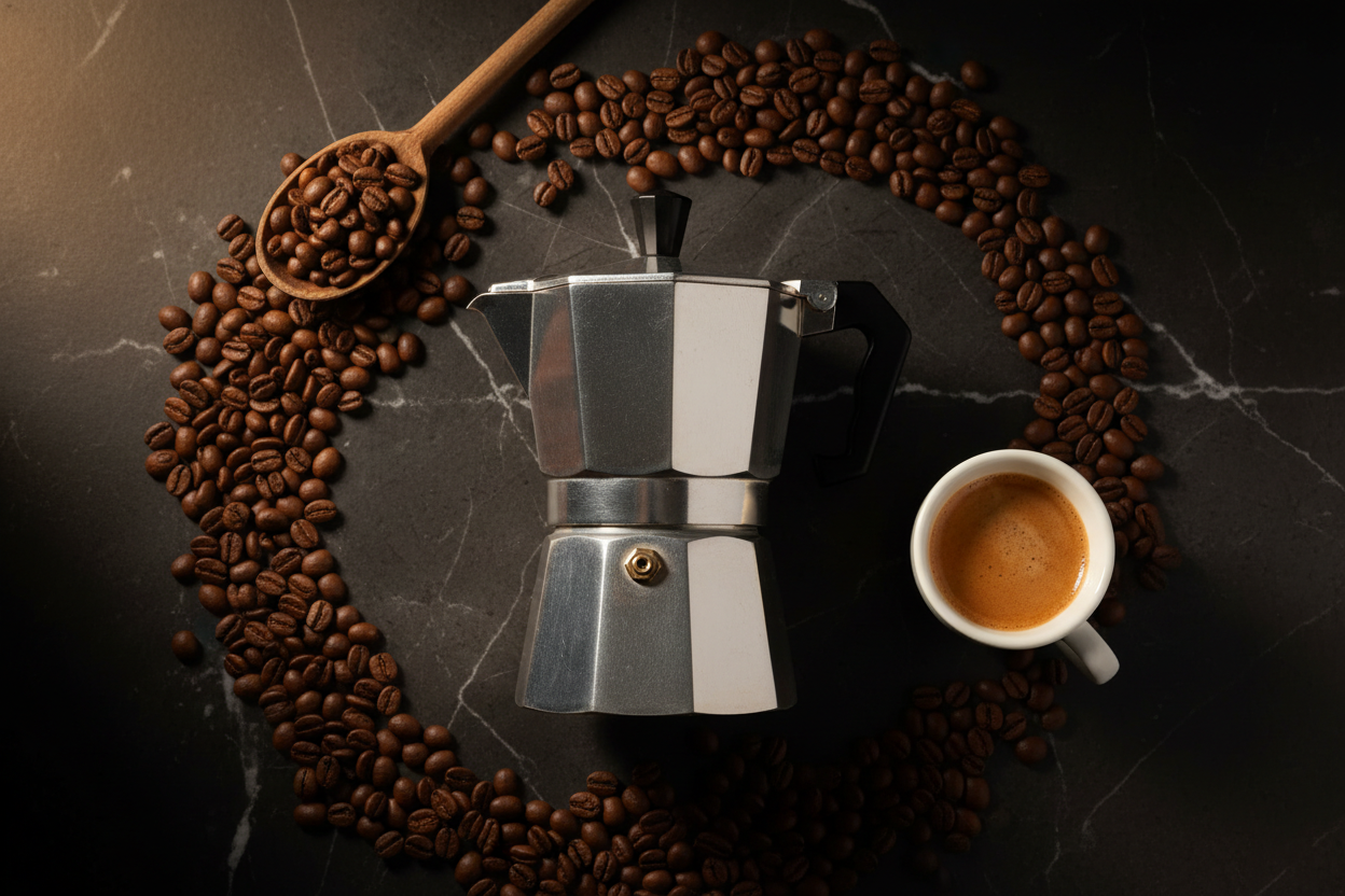 Chicchi di caffè su marmo scuro, moka italiana, tazzina espresso con crema e cucchiaino di legno