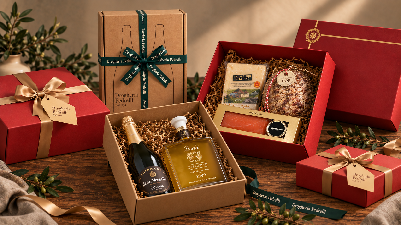 Confezioni regalo con vini e distillati, astucci enogastronomici di alta gamma