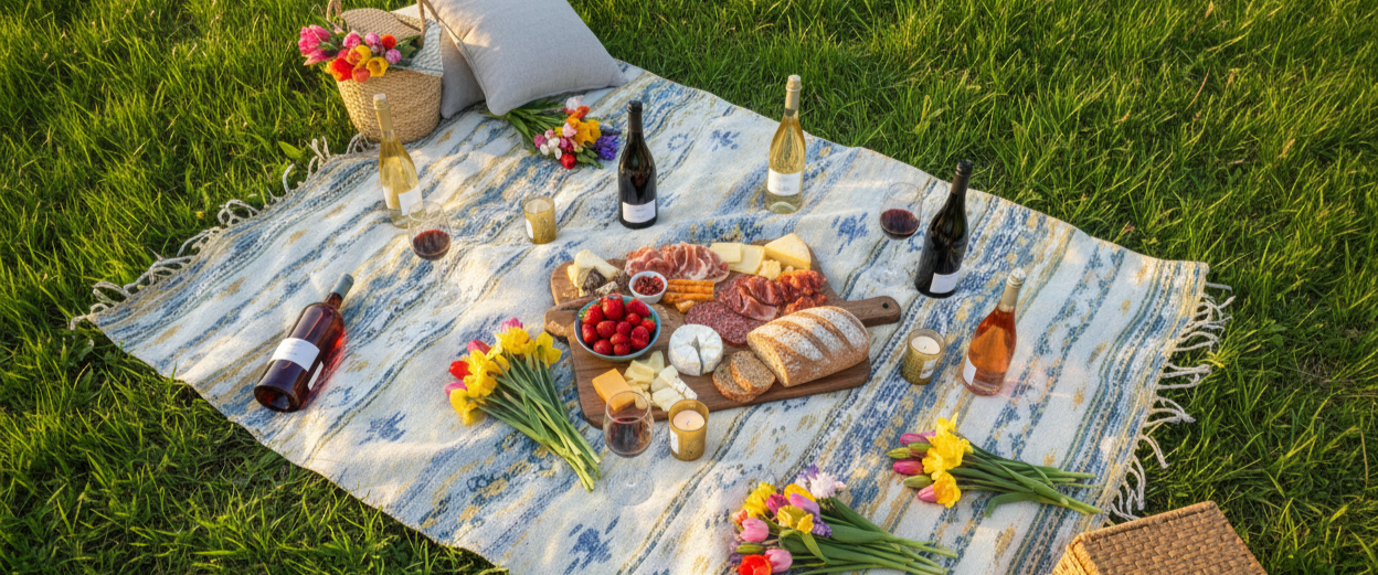 Picnic primaverile all'aperto con vini rossi, bianchi e rosati, tagliere di salumi, formaggi e fragole su prato verde