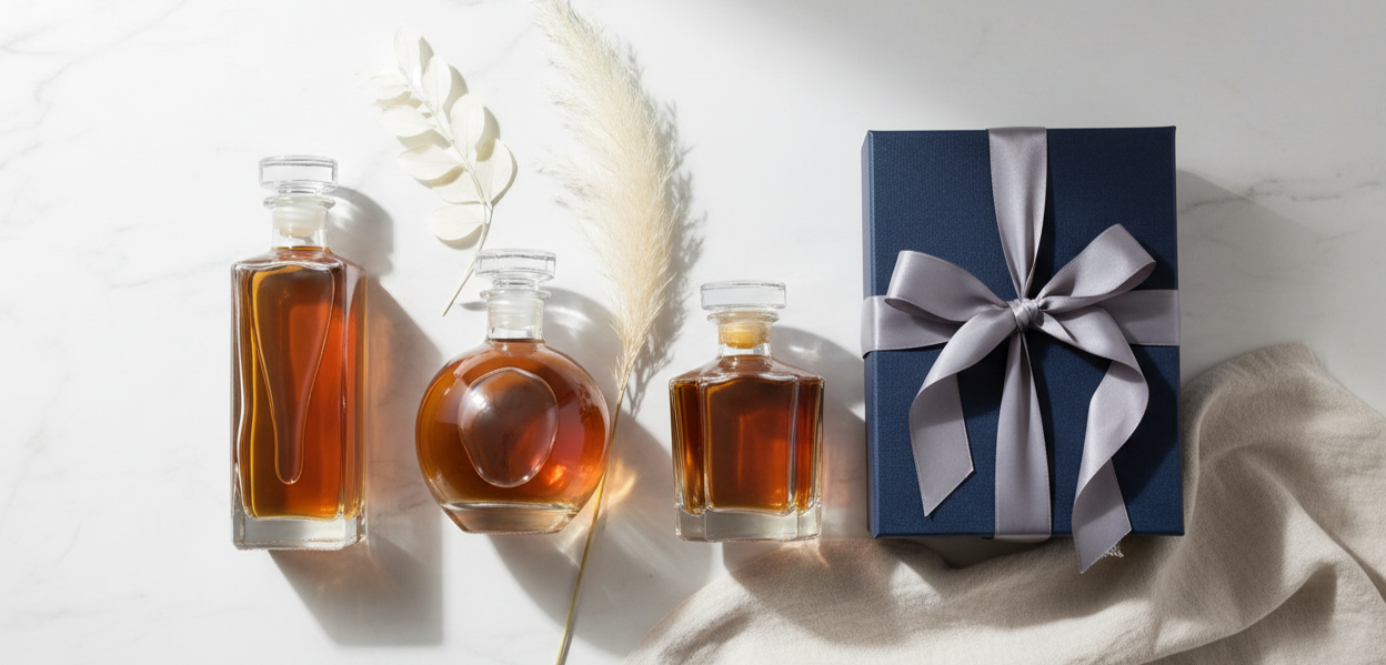 Selezione di distillati premium per la Festa del Papà: bottiglie eleganti su marmo bianco con confezione regalo