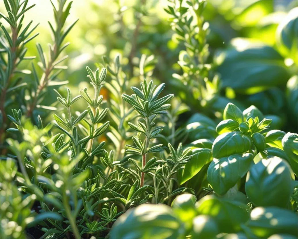 Erbe aromatiche fresche — rosmarino, timo, basilico e salvia — su sfondo luminoso