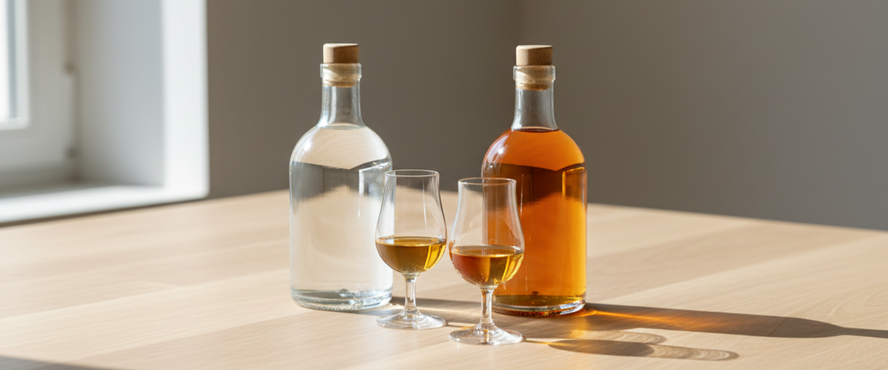 Bottiglie di grappa artigianale italiana con calici da degustazione