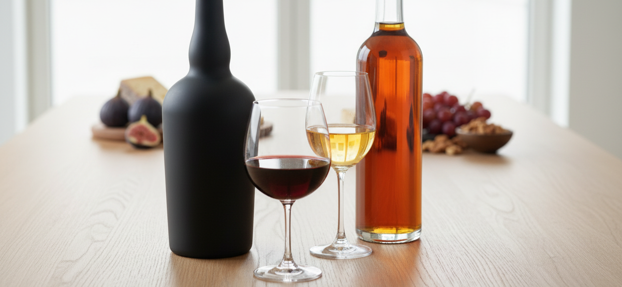 Bottiglie di Porto e Sherry con calici su superficie in legno – Drogheria Pedrelli