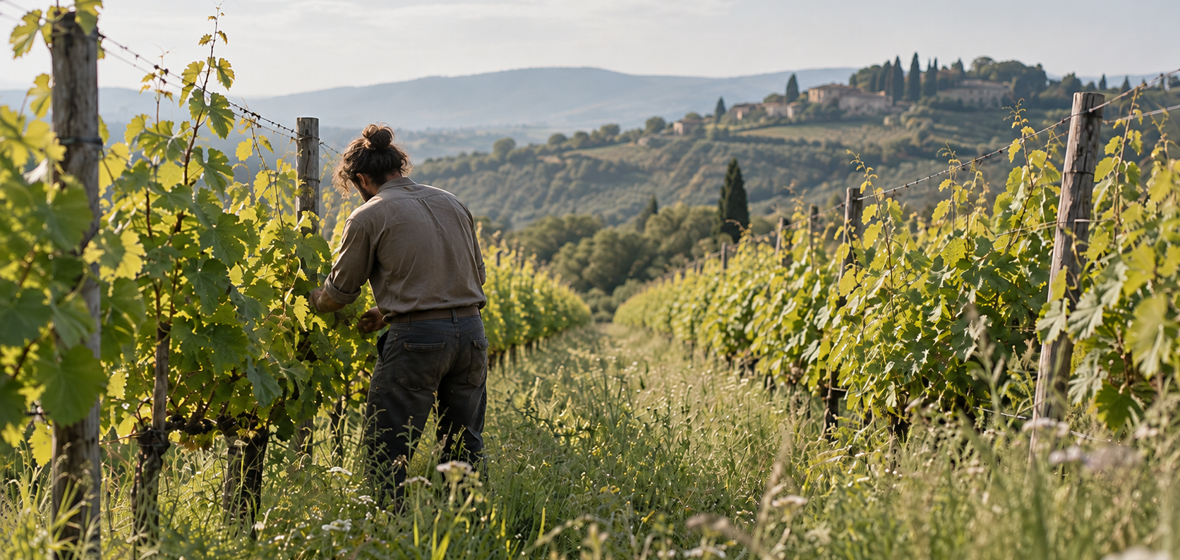 Vignaiolo al lavoro per il suo vino naturale