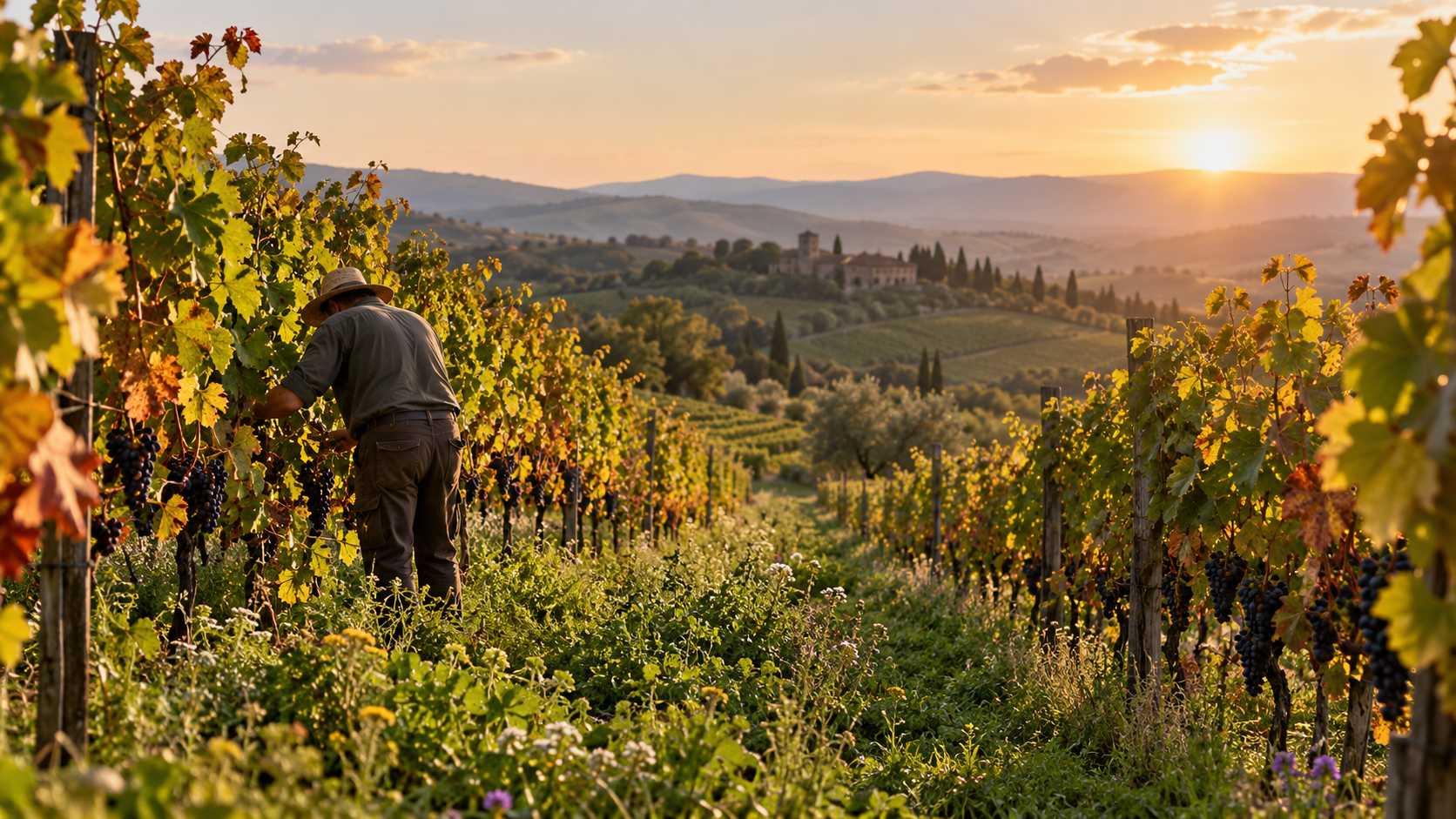 Vignaiolo cura la sua vigna secondo l'agricoltura biodinamica