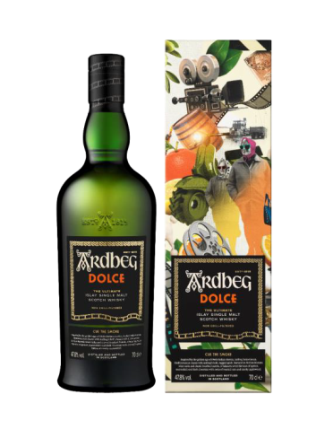 Astuccio e bottiglia della edizione limitata di Single Malt Scotch Whisky di Ardbeg, denominata Dolce