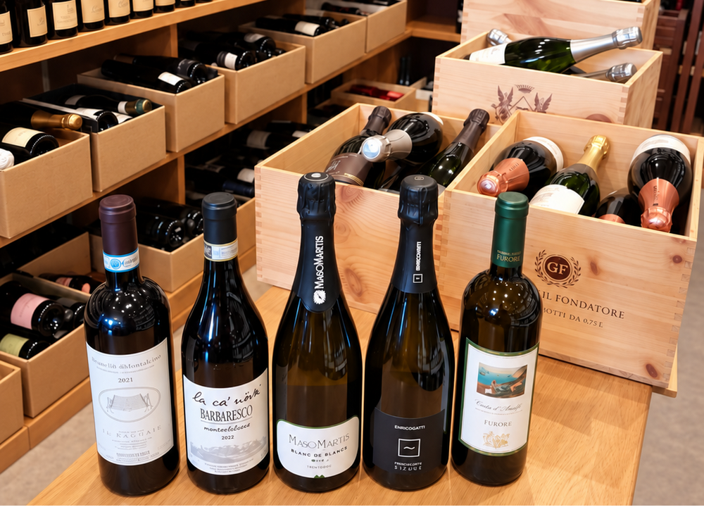 Selezione di vini rossi, bianchi, spimanti e champagne per forniture b2b