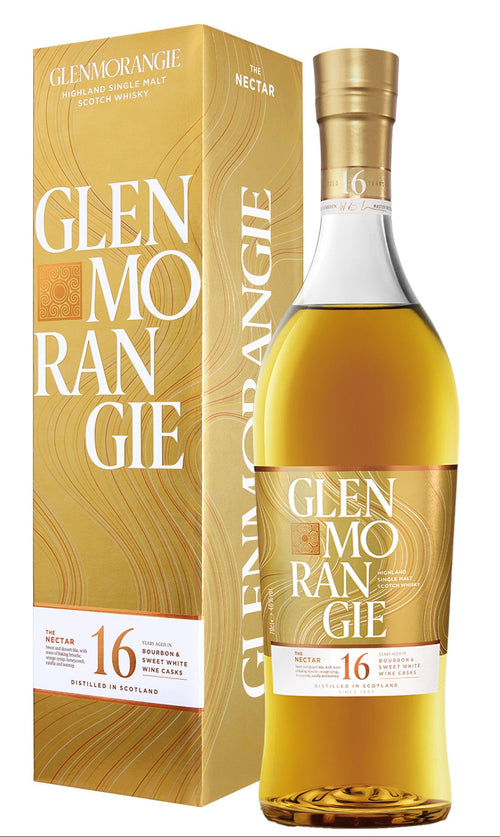 Astuccio e bottiglia di Single Malt Scotch Whisky delle Highlands The Nectar D’Or 16 Anni di Glenmorangie 