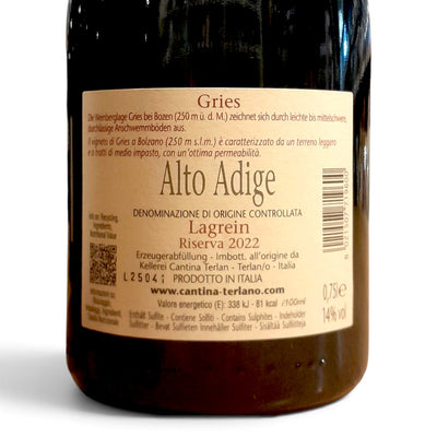 Etichetta di Lagrein Gries Kellerei Terlan Alto Adige DOC 75 cl