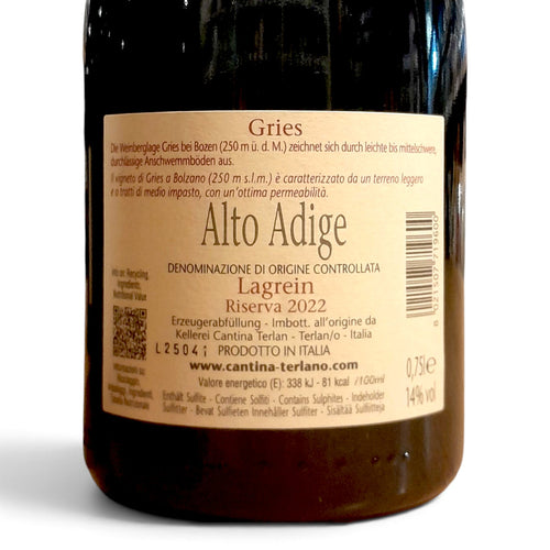 Etichetta di Lagrein Gries Kellerei Terlan Alto Adige DOC 75 cl