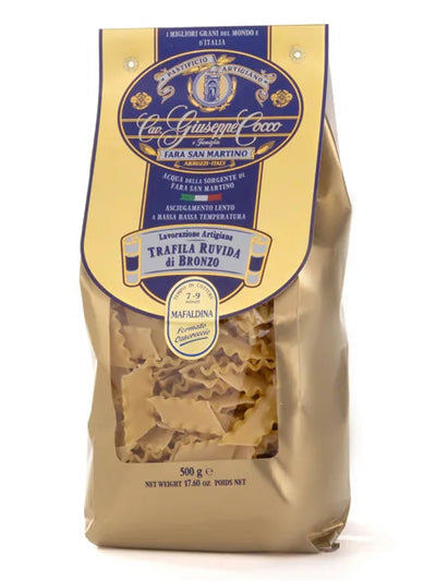 Confezione di Pasta artigianale del formato casereccio della Mafaldina, del pastificio abruzzese Cocco