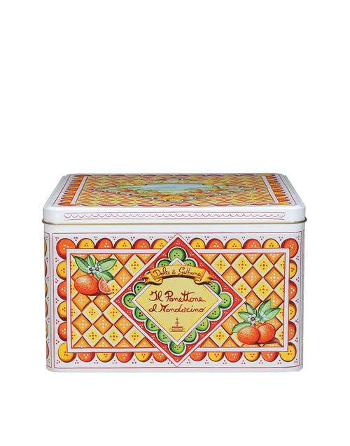 Scatola esterna in latta del panettone al mandarino di Fiasconaro firmata Dolce e Gabbana