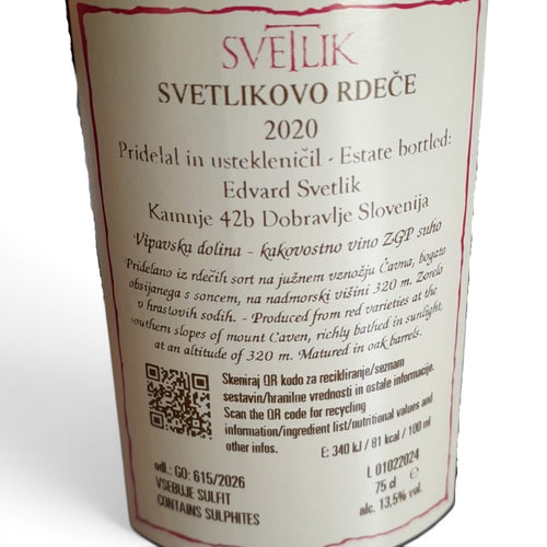etichetta di vino Svetlikovo Rdeče di Svetlik