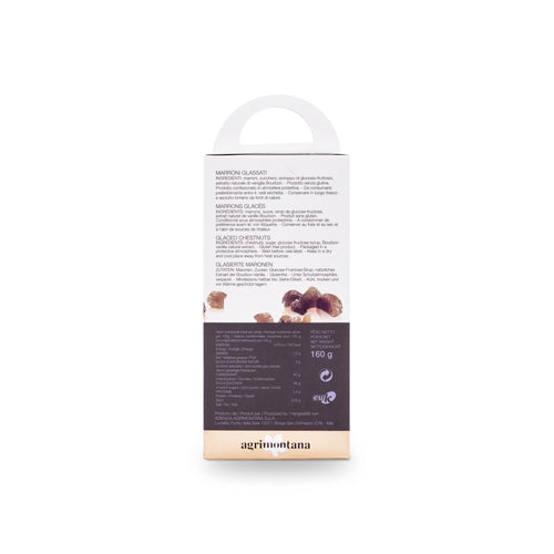 Etichetta dei marrons glacés in pezzi Agrimontana con ingredienti e valori nutrizionali