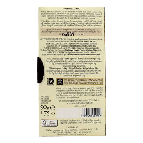 Etichetta ingredienti e valori nutrizionali tavoletta Porcelana 70% Amedei