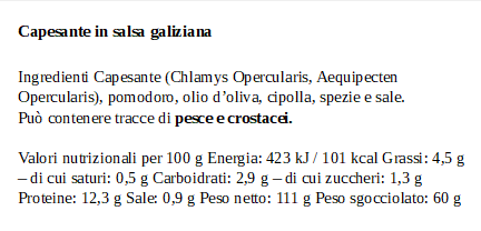 Etichetta delle Capesante in Salsa Galiziana La Curiosa con ingredienti e valori nutrizionali