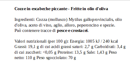 Etichetta delle Cozze in Scapece Piccante La Curiosa con ingredienti e valori nutrizionali