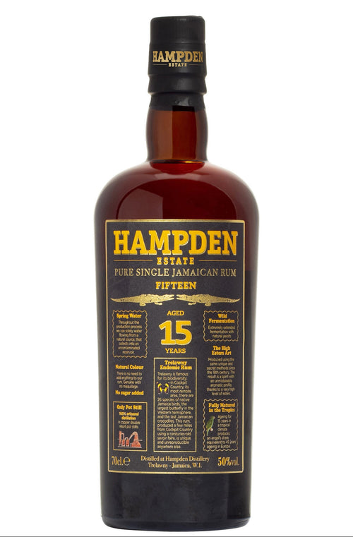 Bottiglia di Hampden Estate Fifteen, rum giamaicano invecchiato 15 anni