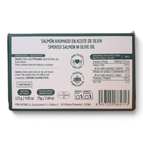 Etichetta ingredienti e valori nutrizionali del salmone affumicato in olio d'oliva La Curiosa