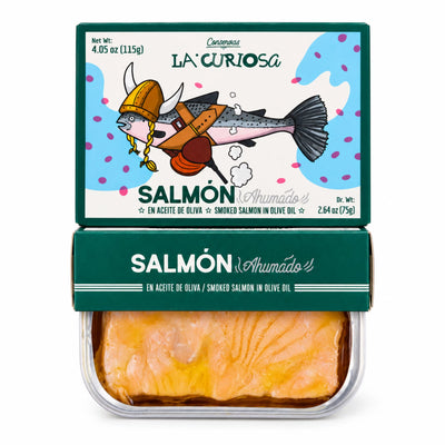 Salmone affumicato norvegese in olio d'oliva La Curiosa, lattina da 115 g