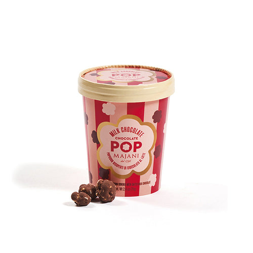 Chocolate Pop Majani al cioccolato al latte, confezione da 70 g con pop corn ricoperti di cioccolato