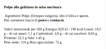 Etichetta del Polpo alla Galiziana La Curiosa con ingredienti e valori nutrizionali