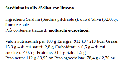 Etichetta delle Sardine al Limone La Curiosa con ingredienti e valori nutrizionali