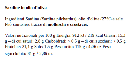 Etichetta delle Sardine in Olio La Curiosa con ingredienti e valori nutrizionali