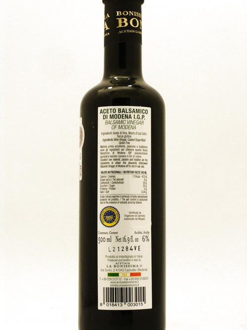 etichetta di Aceto Balsamico di Modena IGP Il Verde 500 ml di Acetaia La Bonissima
