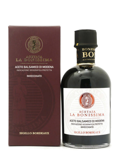 Bottiglietta di Aceto Balsamico di Modena Invecchiato Sigillo Bordeaux di Acetaia La Bonissima con il suo astuccio