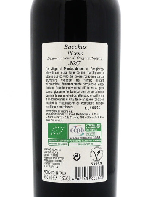 Bacchus Rosso Piceno Bio Ciù Ciù DOP dettaglio etichetta